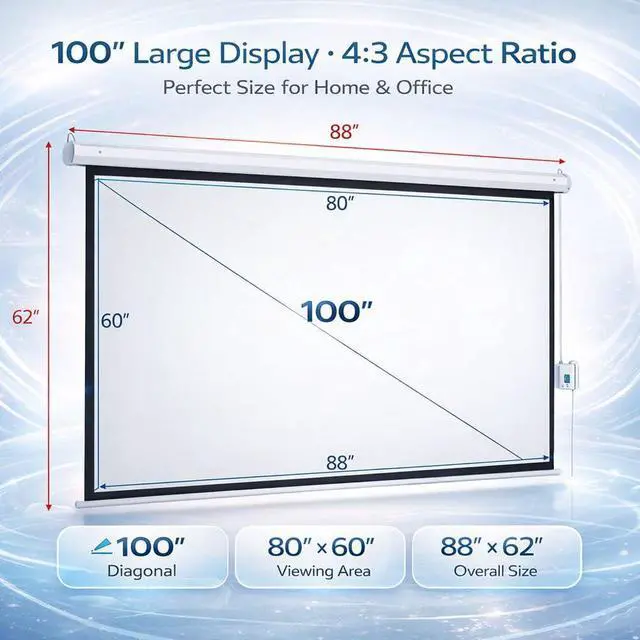 Alt view image 2 of 7 - 100" Motorized Projector Screen 4:3, Electric Automatic Projection Screen with Remote Control & Wall/Ceiling Mount, Motorized 4K 3D HD Projection for Home Theater Movies Office Classroom