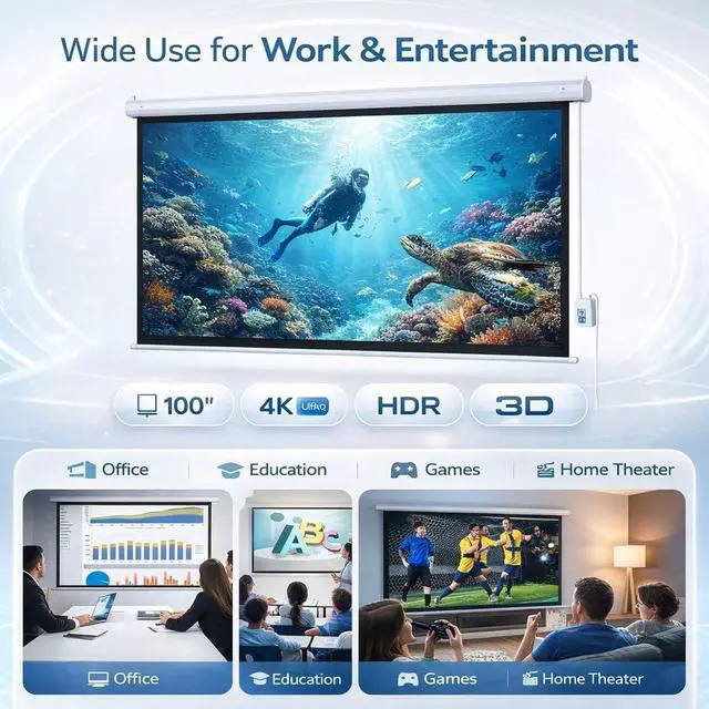 Alt view image 3 of 7 - 100" Motorized Projector Screen 4:3, Electric Automatic Projection Screen with Remote Control & Wall/Ceiling Mount, Motorized 4K 3D HD Projection for Home Theater Movies Office Classroom