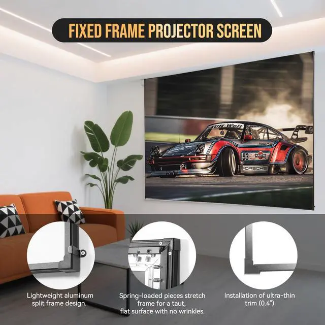 Alt view image 2 of 6 - Fixed Frame Projector Screen Ultra-Thin 0.4" Aluminum Frame Wall Projector Screen 100 Inch, Effortless Setup