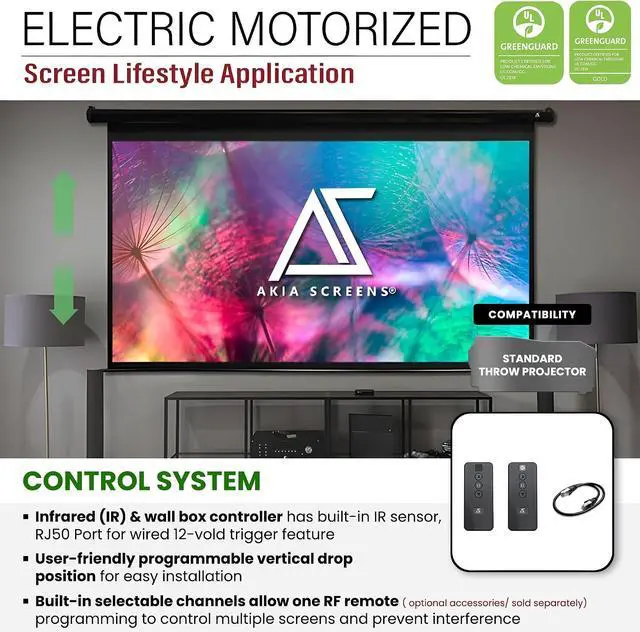 Alt view image 3 of 7 - Akia Screens 110" Motorized Projector Screen 16:9 8K/4K HD Electric Drop Down Screen with Remote, Ceiling or Wall Mount AK-MOTORIZE110H2