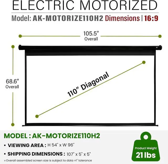 Alt view image 5 of 7 - Akia Screens 110" Motorized Projector Screen 16:9 8K/4K HD Electric Drop Down Screen with Remote, Ceiling or Wall Mount AK-MOTORIZE110H2