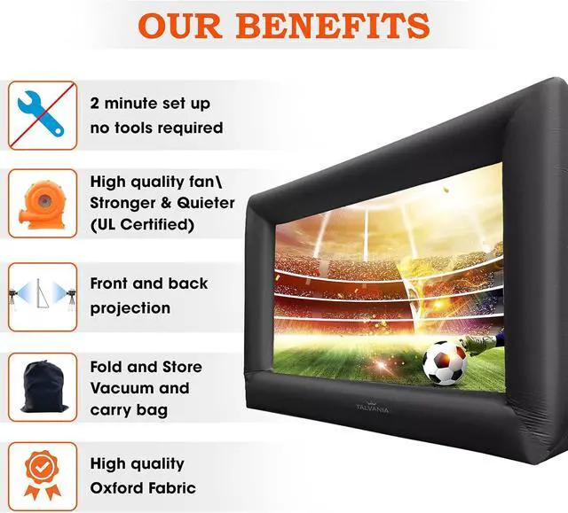 Alt view image 2 of 6 - 12 Feet Inflatable Projector Screen for Outdoor and Indoor TV Movie Watching Blower, Tie Downs, Stakes, Sandbags, and Storage Bag + Step-by-Step Guide, Quick Blow Up (Black)