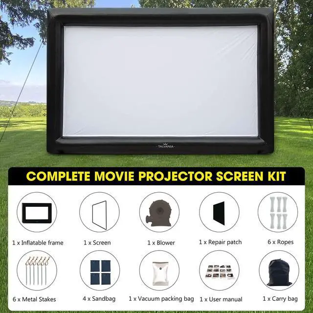 Alt view image 3 of 6 - 12 Feet Inflatable Projector Screen for Outdoor and Indoor TV Movie Watching Blower, Tie Downs, Stakes, Sandbags, and Storage Bag + Step-by-Step Guide, Quick Blow Up (Black)