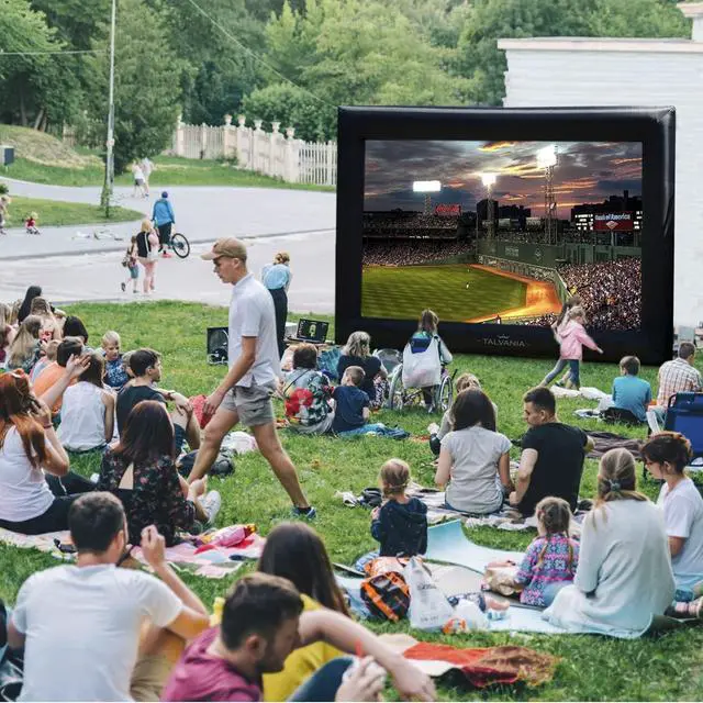 Alt view image 5 of 6 - 12 Feet Inflatable Projector Screen for Outdoor and Indoor TV Movie Watching Blower, Tie Downs, Stakes, Sandbags, and Storage Bag + Step-by-Step Guide, Quick Blow Up (Black)