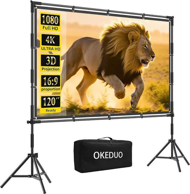 Main image of 120 Inch Projector Screen with Stand, Indoor Outdoor Projection Movie Screen 16:9 4K HD Foldable Wrinkle-Free Front & Rear Projection Screen for Backyard Movie Night,Camping, Wedding