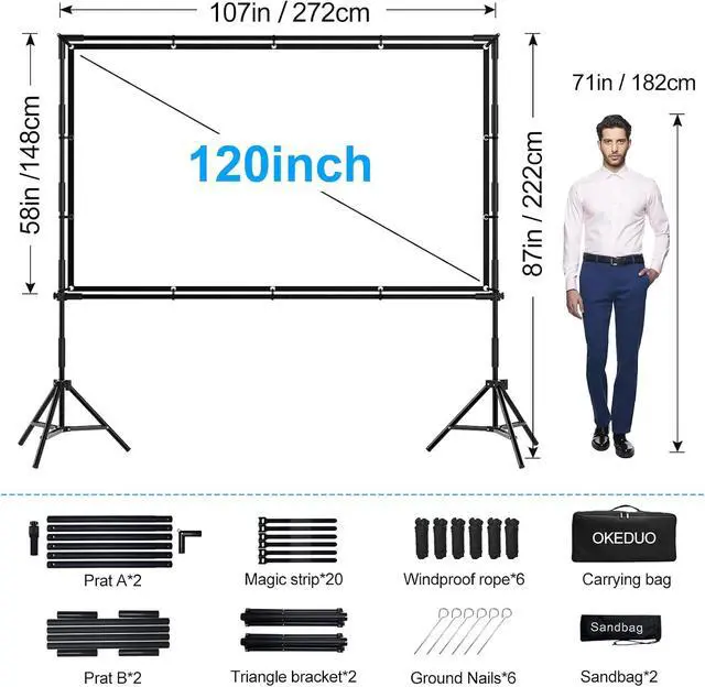 Alt view image 2 of 7 - 120 Inch Projector Screen with Stand, Indoor Outdoor Projection Movie Screen 16:9 4K HD Foldable Wrinkle-Free Front & Rear Projection Screen for Backyard Movie Night,Camping, Wedding
