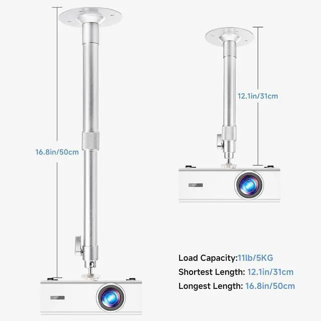 Alt view image 6 of 6 - Projector Mount,12.1-16.8in / 31-50cm Projector Ceiling Mount Extendable Ceiling Projectors Mounts Adjustable Angle 360° Rotation Drop Ceiling Projectors Mounts Silver