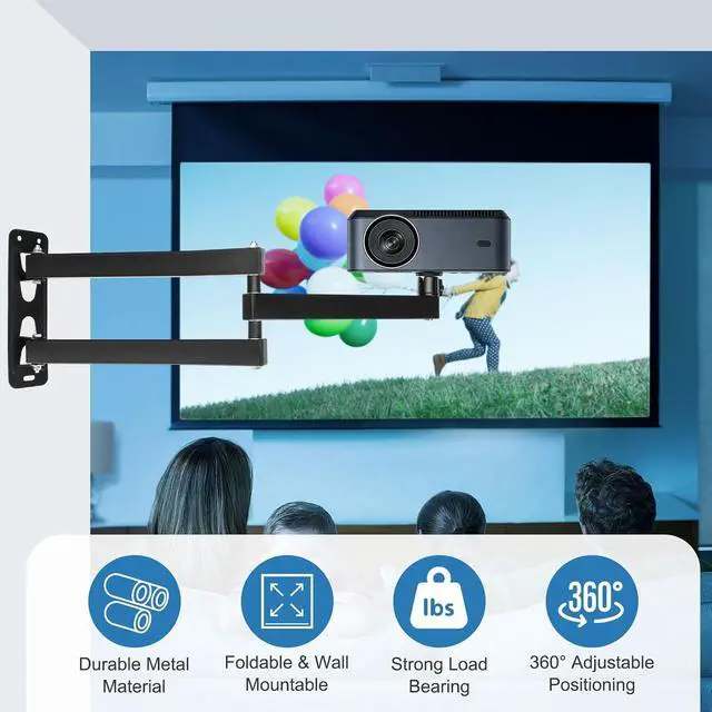 Alt view image 3 of 6 - MECCANIXITY Foldable Projector Wall Mount, Adjustable Three-Arm Dual-Axis Stand Holder with 360° Rotating Gimbal 40+40cm for 1/4" Screw for Indoor Home Office Projector Installation, Black