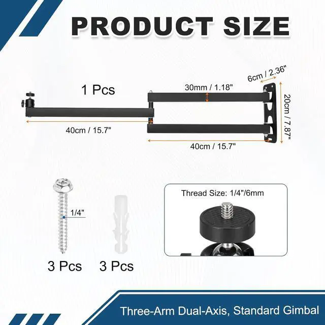 Alt view image 2 of 6 - MECCANIXITY Foldable Projector Wall Mount, Adjustable Three-Arm Dual-Axis Stand Holder with 360° Rotating Gimbal 40+40cm for 1/4" Screw for Indoor Home Office Projector Installation, Black