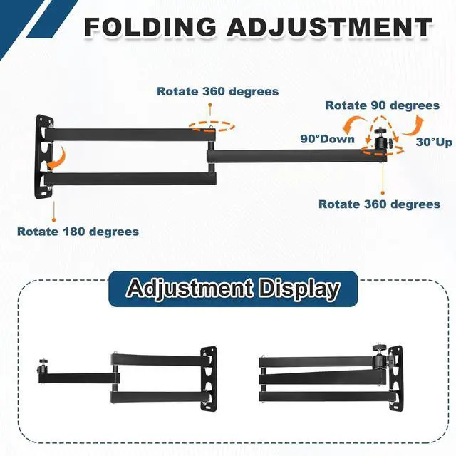 Alt view image 4 of 6 - MECCANIXITY Foldable Projector Wall Mount, Adjustable Three-Arm Dual-Axis Stand Holder with 360° Rotating Gimbal 40+40cm for 1/4" Screw for Indoor Home Office Projector Installation, Black