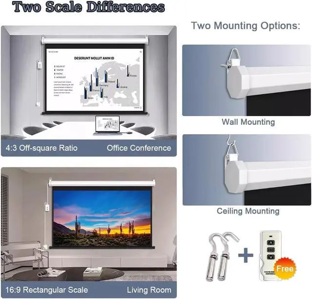 Alt view image 3 of 7 - Motorized Projector Screen 60" Electric Screen 72" 4:3 16:9 4K 3D HD, Automatic Retractable Projection Screen with Remote Movie Screen for Indoor Outdoor Use(60inch(16:9))