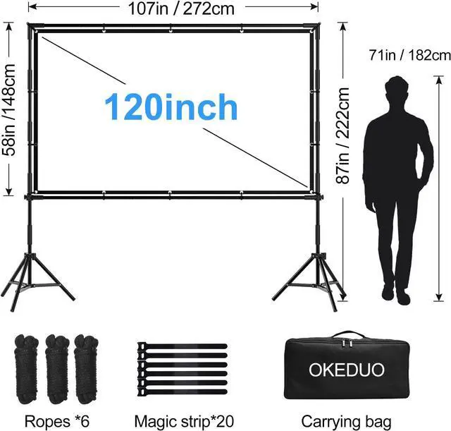 Alt view image 5 of 7 - 120-in Projector Screen with Stand, Outdoor Indoor Portable Movie Screen 16:9 Detachable Wall-Mount & Bracket Dual Use Wrinkle-Free Washable Front & Rear Projection Screen for Backyard Watch Gym Game