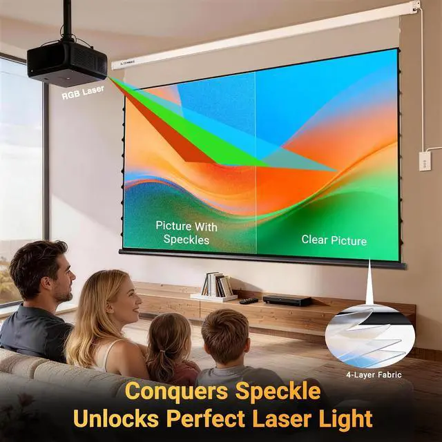 Alt view image 2 of 6 - Tensioned Motorized Projector Screen for RGB Laser Projectors by SilverMagic - Speckle Reducing, White Floating Screen for Home Theater/Living Room/Patio/Office/Classroom - 120 Inch 16:9