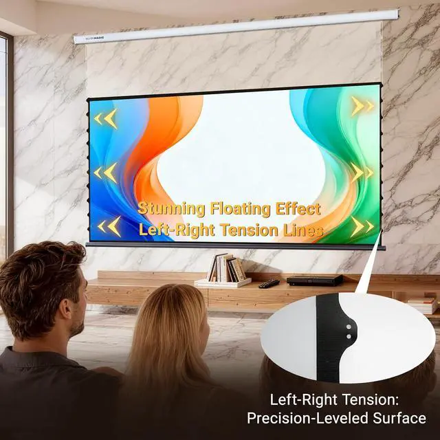 Alt view image 3 of 6 - Tensioned Motorized Projector Screen for RGB Laser Projectors by SilverMagic - Speckle Reducing, White Floating Screen for Home Theater/Living Room/Patio/Office/Classroom - 120 Inch 16:9