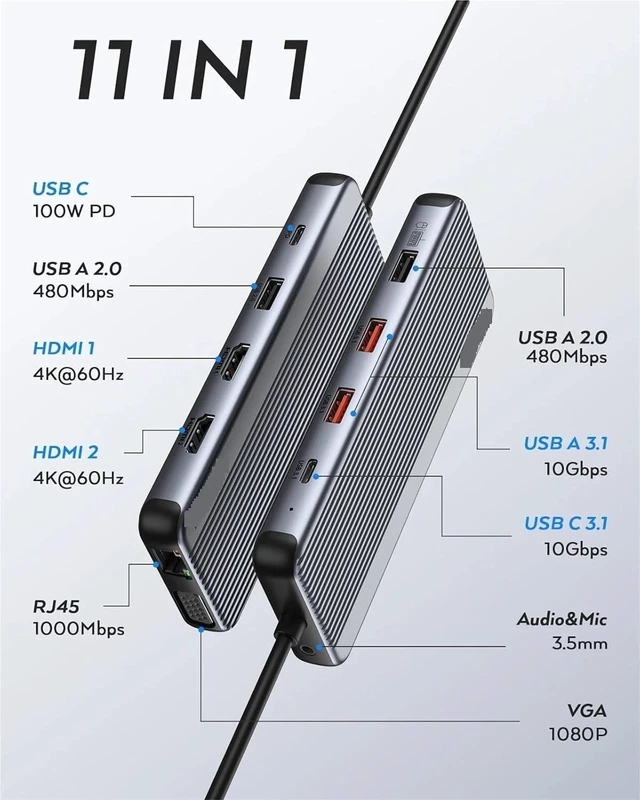 Alt view image 3 of 7 - USB Hub Type C Triple Display Adapter 4K HDMI 10Gbps USB 3.1 1000Mbps RJ45 100W PD Charging Docking Station for PC Laptops(4in1 4USB-A3.0)