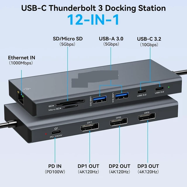 Alt view image 2 of 6 - USB C Docking Station HDMI 4K@60Hz DP 4K@120Hz Triple Display Up to 100W PD Charging Supports MST SST for Laptop Windows Linux(USBC to DP)