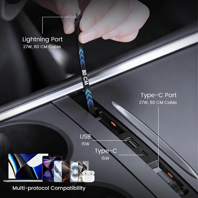 Alt view image 5 of 6 - Fast Charging USB Hub for 2021-2024 Model Y/2021-2023 Model 3, Docking Hub Multi Ports & Retractable Cable, Center Console Hidden Charger Hub with Lightning Port (Not for Highland/Juniper)