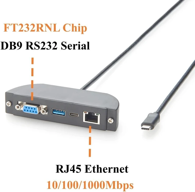 Alt view image 5 of 7 - USB C Hub, 4-in-1 Screw Panel Mount Multiport Adapter, RS232 DB9, Gigabit Ethernet, 10Gbps USB-A & USB-C Data Ports, for Control Panel, Windows, macOS, Linux (1.5M)