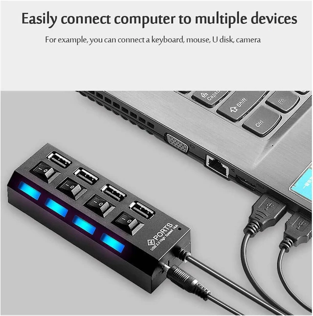 Alt view image 4 of 7 - USB 2.0 Hub USB Hub 2.0 Multi USB Splitter Hub Use Power Adapter 4/7 Port Multiple Expander USB 3 Hub with Switch 30CM Cord(Black)