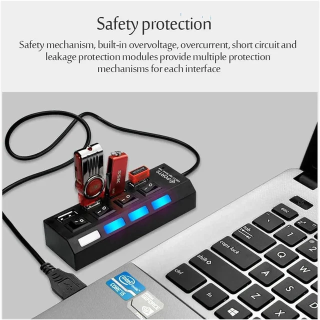Alt view image 5 of 7 - USB 2.0 Hub USB Hub 2.0 Multi USB Splitter Hub Use Power Adapter 4/7 Port Multiple Expander USB 3 Hub with Switch 30CM Cord(Black)