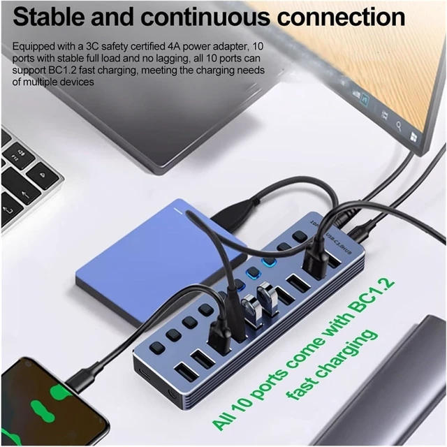 Alt view image 4 of 7 - 10/7 Port USB HUB USB 3 0 5Gbps Splitter Multiple Extension Dock with Independent Switch 12V Power Adapter for PC Tablets(10 Ports HUB)