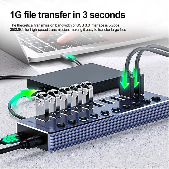 Alt view image 3 of 7 - 10/7 Port USB HUB USB 3 0 5Gbps Splitter Multiple Extension Dock with Independent Switch 12V Power Adapter for PC Tablets(10 Ports HUB)