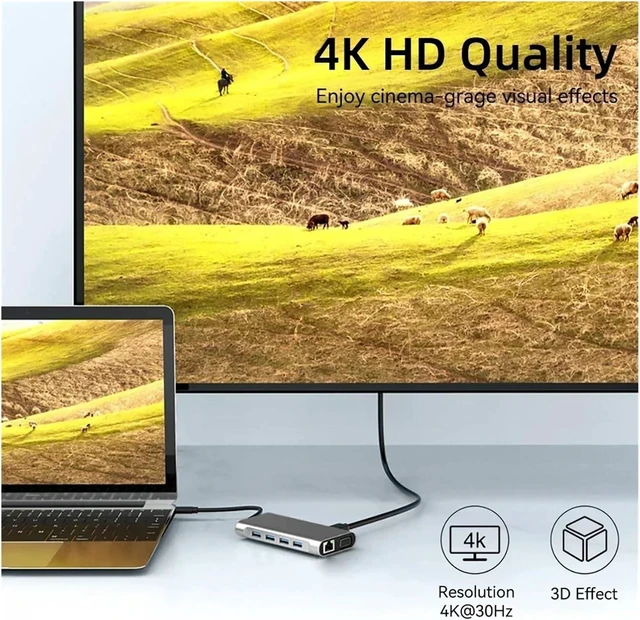 Alt view image 4 of 7 - USB C Docking Stations 11-in-1 HUB TY>pe to 4K HDMI Adapter 3 Splitter with PD/RJ45/3.5mm/TF/SD for(10-in-1 No Box)