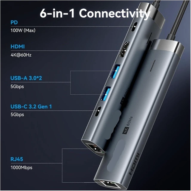 Alt view image 3 of 7 - USB C HUB TY>pe to HDMI 4K60Hz RJ45 PD 100W Adapter for Pro Air M2 M1 Sum/sang PC Accessories 3(6-in-1 HDMI RJ45)