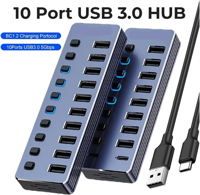 Alt view image 2 of 6 - USB3.0 Hub Aluminum 10 Ports Splitter Off/ON Switch Power Adapter USB Extender for Mobile Tablets(7 in 1)
