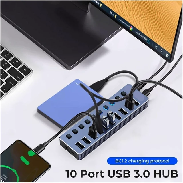 Alt view image 3 of 6 - USB3.0 Hub Aluminum 10 Ports Splitter Off/ON Switch Power Adapter USB Extender for Mobile Tablets(7 in 1)