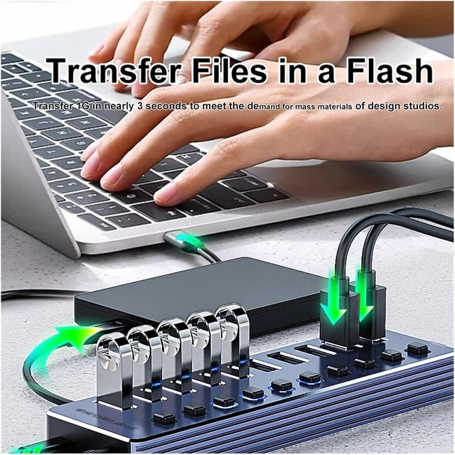 Alt view image 4 of 6 - USB3.0 Hub Aluminum 10 Ports Splitter Off/ON Switch Power Adapter USB Extender for Mobile Tablets(7 in 1)