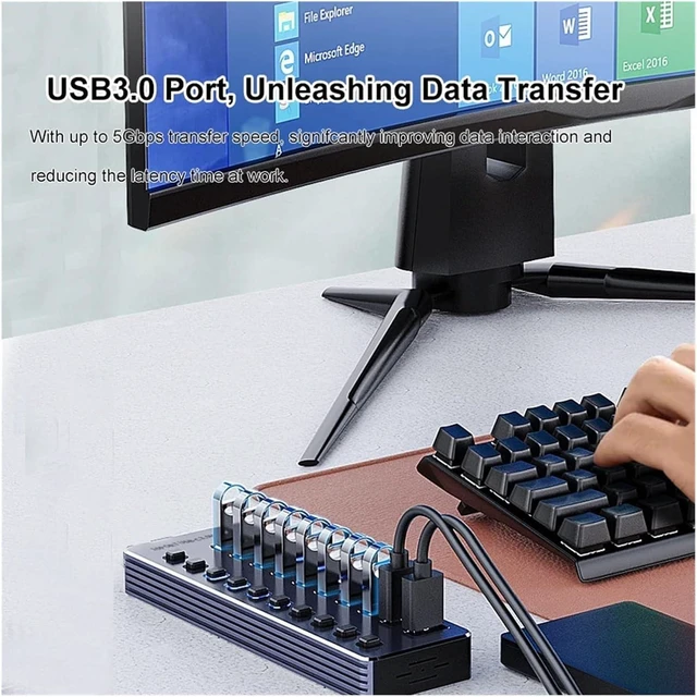 Alt view image 5 of 6 - USB3.0 Hub Aluminum 10 Ports Splitter Off/ON Switch Power Adapter USB Extender for Mobile Tablets(7 in 1)
