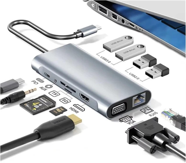 Alt view image 2 of 7 - USB C HUB 4K 30Hz TY>pe to HDMI-Compatible 3 Adapter 11 in 1 Dock PD 87W Splitter for Pro Air(11-in-1 HUB)
