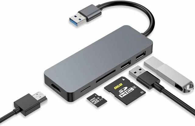 Main image of USB Hub, 5 in 1 USB Adapter USB 3.0 Hub Multiport with HDMI, 2 USB A 2.0 Ports, SD/TF Card Reader, USB A Docking Station Compatible with Win11/10/8/7/XP/Mac OS (Non Vista/Linux) (Space Gray)