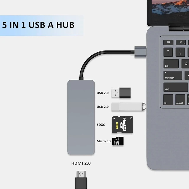 Alt view image 2 of 7 - USB Hub, 5 in 1 USB Adapter USB 3.0 Hub Multiport with HDMI, 2 USB A 2.0 Ports, SD/TF Card Reader, USB A Docking Station Compatible with Win11/10/8/7/XP/Mac OS (Non Vista/Linux) (Space Gray)