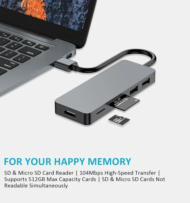 Alt view image 6 of 7 - USB Hub, 5 in 1 USB Adapter USB 3.0 Hub Multiport with HDMI, 2 USB A 2.0 Ports, SD/TF Card Reader, USB A Docking Station Compatible with Win11/10/8/7/XP/Mac OS (Non Vista/Linux) (Space Gray)