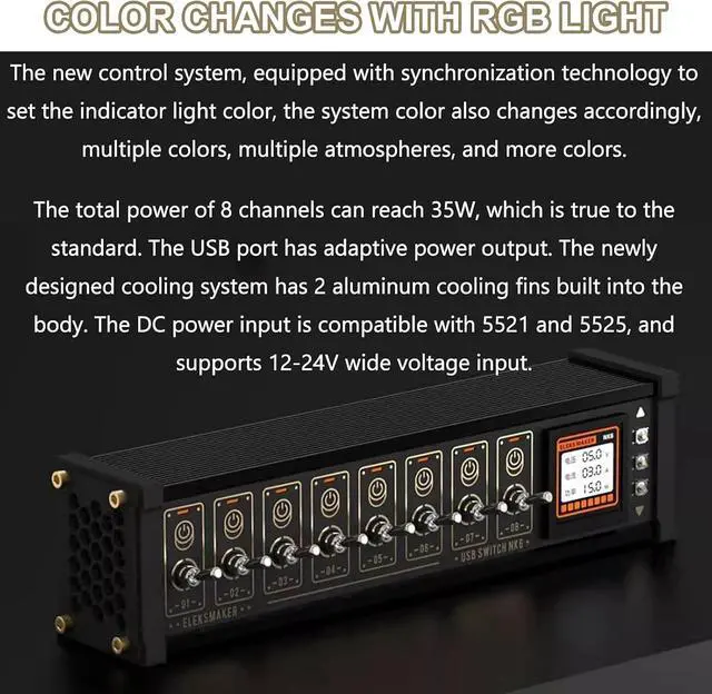Alt view image 2 of 7 - 8 Port USB Docking Station, USB Hub with Toggle Switches, with 1.54-Inch IPS Color Screen, 8 RGB Indicators, 10 Levels Brightness Adjustment, Switch + Button + Voice Control, for Gadgets