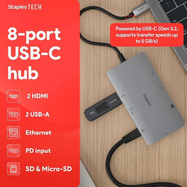 Alt view image 2 of 7 - Staples TECH 8-Port Hub, Gray, Multi-Port Expansion for Office Setup