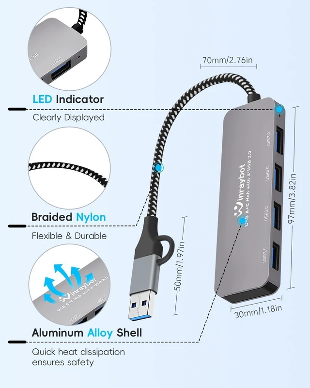 Alt view image 5 of 5 - USB Hub 4 Ports, USB Splitter for Laptop, Multiple USB 3.0 Hub, USBC Hub, USBA Splitter, USB Port Extender for PC,Laptop, Desktop,Mouse, Keyboard