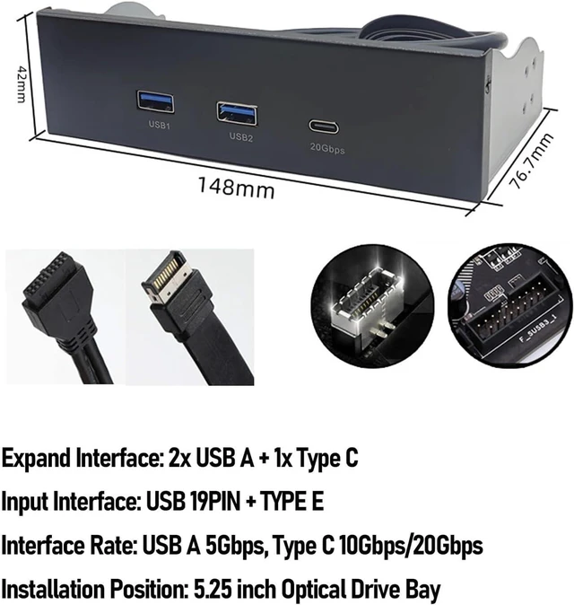 Alt view image 4 of 6 - USB 3.2 Gen2x2 Front Panel Hub, 5.25 Inch Optical Drive Bay Extension, 3 Ports (USB-A/Type-C), 19 Pin, 20Gbps Data Transfer for PC Computer