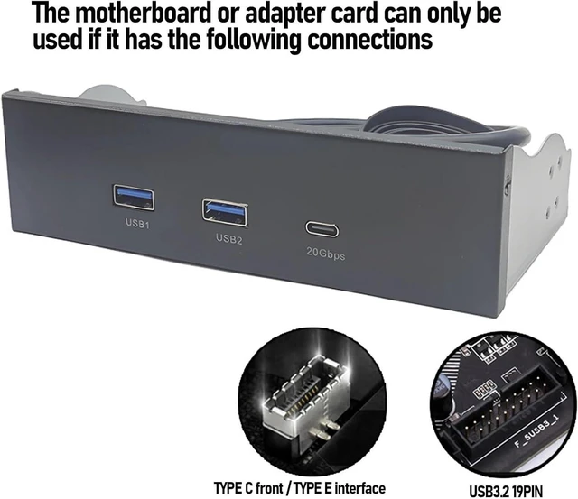 Alt view image 5 of 6 - USB 3.2 Gen2x2 Front Panel Hub, 5.25 Inch Optical Drive Bay Extension, 3 Ports (USB-A/Type-C), 19 Pin, 20Gbps Data Transfer for PC Computer