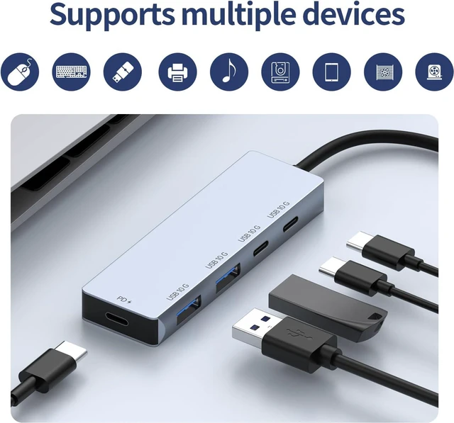 Alt view image 2 of 7 - Aluminum USB C Hub 4 Port 10Gbps High Speed Data Transfer PD100W for Charging Laptop Tablet