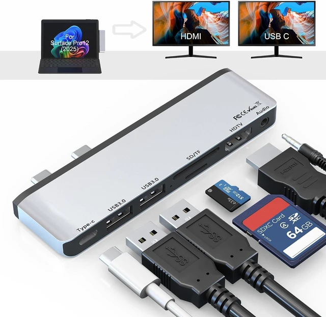 Main image of Surface Pro 12 Docking Station, USB Hub and Adapter with 4K HDMI, USB-C Thunderbolt 4 (Display+Data+100W PD), 2 USB 3.0, 3.5mm Audio, SD/TF Card Slot for Surface Pro 12 inch 2025