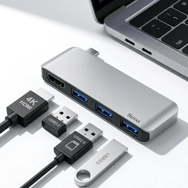 Main image of USB C Hub, 4-in-1 USBC to HDMI Splitter with 4K Display, 3×Powered USB-A 3.0 5Gbps Data Ports for MacBook Pro, MacBook Air, Dell and More