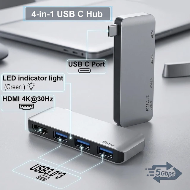 Alt view image 2 of 7 - USB C Hub, 4-in-1 USBC to HDMI Splitter with 4K Display, 3×Powered USB-A 3.0 5Gbps Data Ports for MacBook Pro, MacBook Air, Dell and More