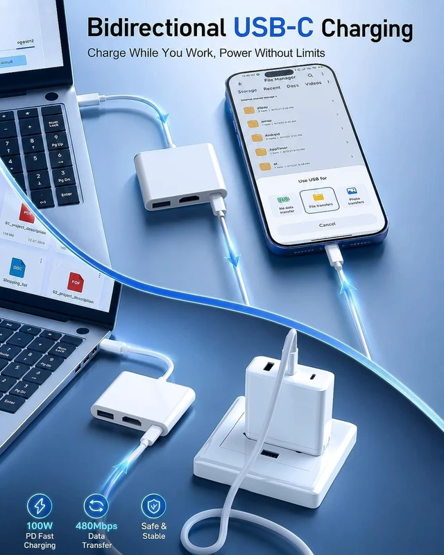 Alt view image 2 of 7 - AIRSKY USB-C Digital Av Multiport Adapter, USB C to HDMI Adapter for iPhone 17, PD 100W Fast Charging, USB3.1 and 4K HDMI Output Compatible with Iphone17/16/15 Ipad pro Mackbook Pro