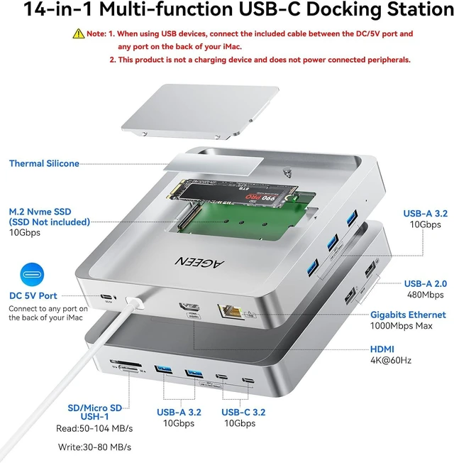 Alt view image 2 of 7 - AGEEN 10Gbps USBC Docking Station for iMac 24 inch 2021/2023/2024 M1/M3/M4