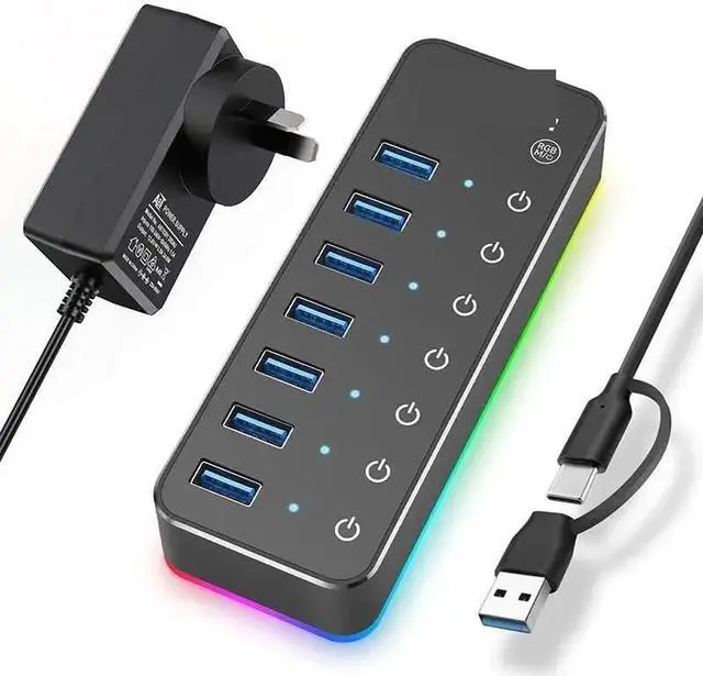 Alt view image 4 of 4 - Powered 5Gbps USB C Hub 7 Port USB3.0 14 Mode RGB LED Strip 20W Power Adapter Aluminum Gaming USB Hub(with US Plug Adapter)