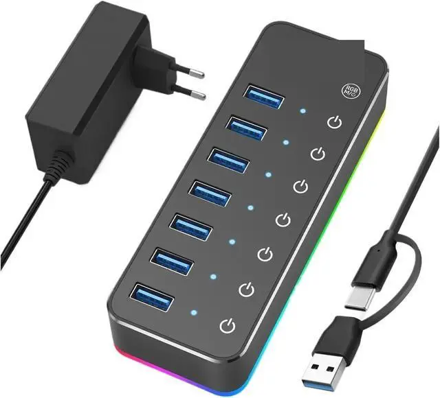 Main image of Powered 5Gbps USB C Hub 7 Port USB3.0 14 Mode RGB LED Strip 20W Power Adapter Aluminum Gaming USB Hub(with US Plug Adapter)