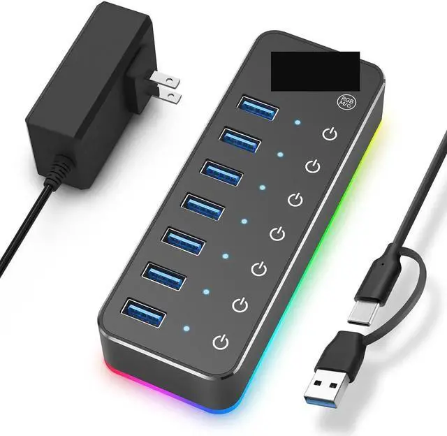 Alt view image 2 of 4 - Powered 5Gbps USB C Hub 7 Port USB3.0 14 Mode RGB LED Strip 20W Power Adapter Aluminum Gaming USB Hub(with US Plug Adapter)